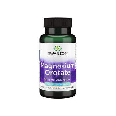 A bottle of Swanson Magnesium Orotate, a mineral supplement, offers 60 capsules at 40 mg each to support cardiovascular health.